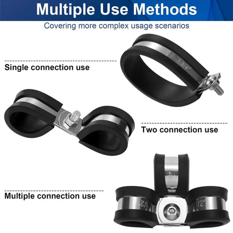 111 Piece Cable Clamp Set With Ten Sizes For Wires And Hoses 304 Stainless Steel P Clamps With Rubber Cushions showcasing single, two, and multiple connection uses.