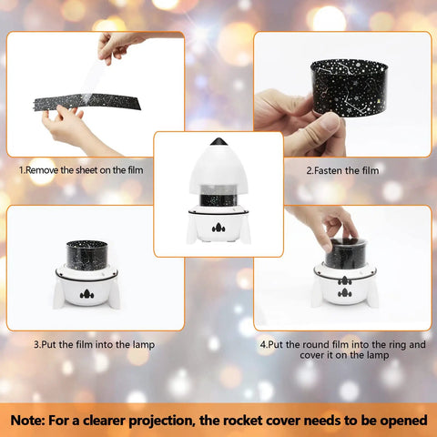 Kids Night Light Projector for Bedroom showing assembly steps for inserting galaxy projection film into rocket-shaped lamp base.
