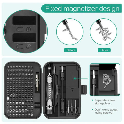 130 In 1 Magnetic Precision Screwdriver Kit With 120 Bits And 3 Extra Length Bits All In One Repair Tool Set open view magnetizer