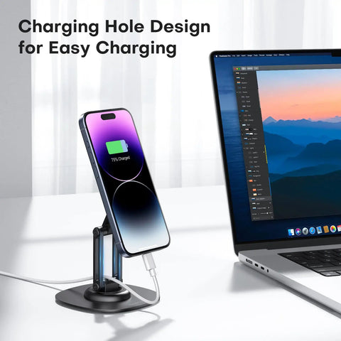 360 Degree Rotating Magnetic Phone Stand For Desk With Adjustable Foldable Aluminum MagSafe Holder And Non Slip Base, black, in use with charging iPhone 14 Pro.