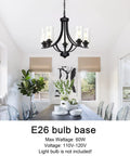 Dining room with Farmhouse 5-Light Chandelier Pendant Light in Black Finish with Clear Glass Shades, Classic Empire Design.