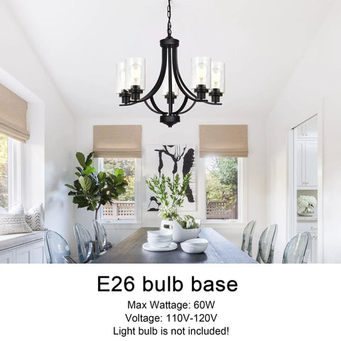 Dining room with Farmhouse 5-Light Chandelier Pendant Light in Black Finish with Clear Glass Shades, Classic Empire Design.