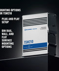 Industrial Unmanaged Gigabit Ethernet Switch With Eight RJ45 Ports And Two SFP Fiber Ports shown with mounting options.