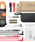 True RMS Clamp Meter 800A AC DC With 6000 Count Multimeter, kit with test leads, alligator clips, case, and batteries visible.