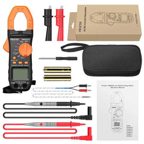 True RMS Clamp Meter 800A AC DC With 6000 Count Multimeter, kit with test leads, alligator clips, case, and batteries visible.