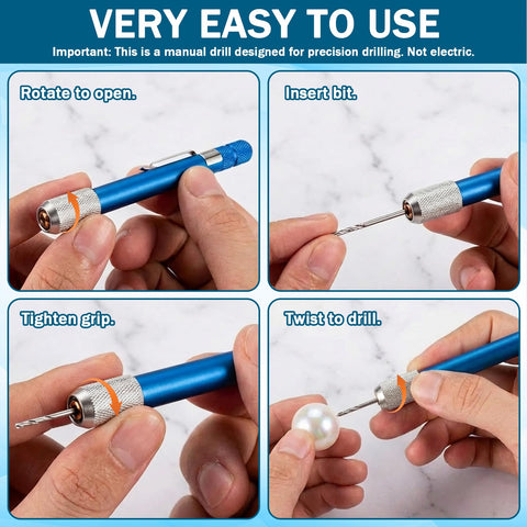 21 Piece Micro Drill Bit Set With Pin Vise Hand Twist Drill Bits showing step-by-step use for jewelry making.