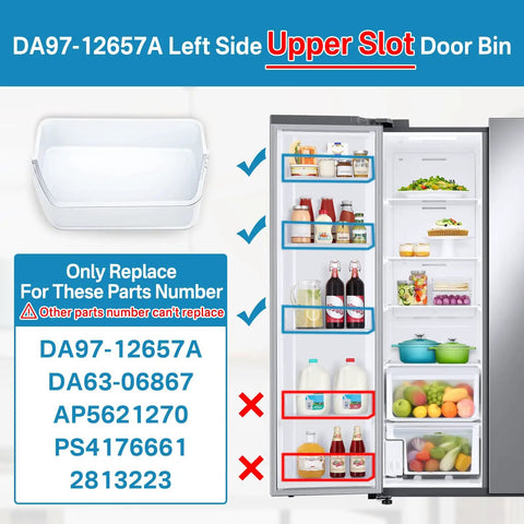 Left Side Refrigerator Door Shelf Replacement For Models RF262BEAESR RF261BEAESR RF260BEAESG RF260BEAESR upper slot