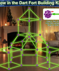 Glow In The Dark Fort Building Kit 140 Piece STEM DIY Castle And Tunnel Build Set For Kids Ages 4 5 6 7 8 Plus Great Christmas And Birthday Gift For Boys And Girls showcasing glowing connected rods and a pyramid structure in a living room.