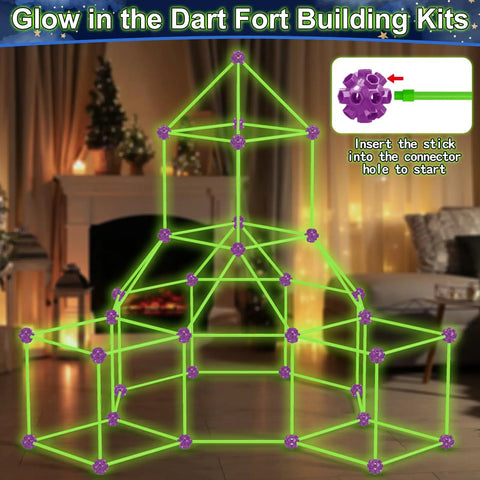 Glow In The Dark Fort Building Kit 140 Piece STEM DIY Castle And Tunnel Build Set For Kids Ages 4 5 6 7 8 Plus Great Christmas And Birthday Gift For Boys And Girls showcasing glowing connected rods and a pyramid structure in a living room.