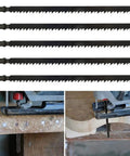 Five Piece T Handle Carbon Steel Jigsaw Blades 180mm Replacement Saw Set For Hardwood Plywood And Curve Cutting, showing sharp teeth and cutting action.