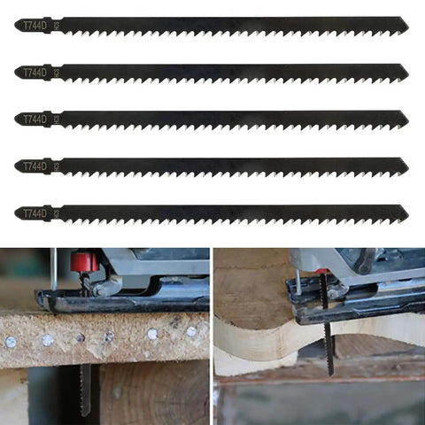 Five Piece T Handle Carbon Steel Jigsaw Blades 180mm Replacement Saw Set For Hardwood Plywood And Curve Cutting, showing sharp teeth and cutting action.