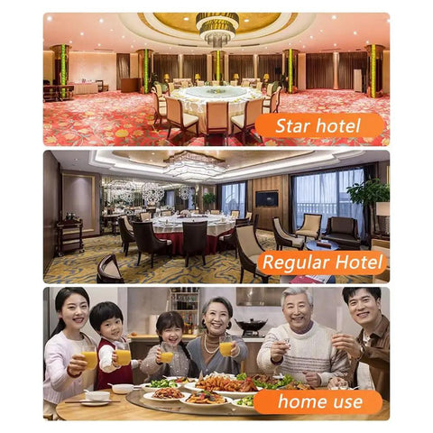 Collage of dining settings including star hotel, regular hotel tables, and family using Tempered Glass Lazy Susan Turntable Bearing Plate