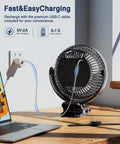 20000mAh 8 Inch Portable Clip On Fan With Lights Battery Powered USB Desk Personal Quiet Fan charging on a desk