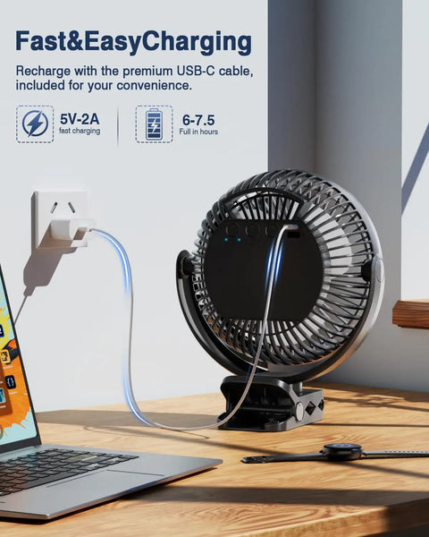 20000mAh 8 Inch Portable Clip On Fan With Lights Battery Powered USB Desk Personal Quiet Fan charging on a desk
