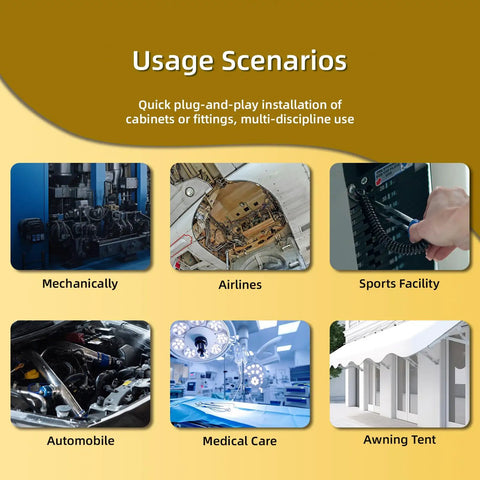 Image showing six usage scenarios for quick plug-and-play: mechanically, airlines, sports facility, automobile, medical care, awning tent.