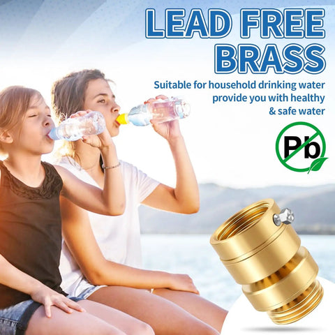 Lead Free Brass Self Draining Vacuum Breaker Adapter for Outdoor Faucets with image of people drinking water, showcasing health benefits.