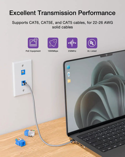 Installed 10Gbps Cat6 Keystone Jack Inserts 25 Pack 90 Degree Punch Down RJ45 Adapter in wall plate connected to laptop