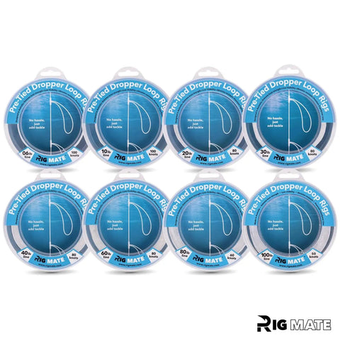 20 Lb Pre Tied Dropper Loop Rigs on fishing line spool with 18 inch loop spacing and 5.5 inch loop size, saltwater and freshwater ready