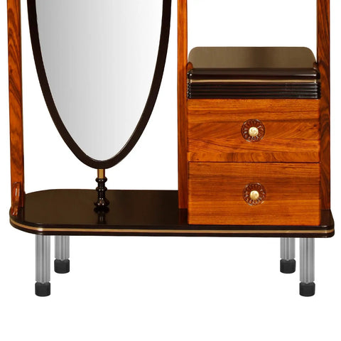 Close-up of a wooden furniture piece with two drawers and mirrors supported by adjustable rubber foot levelers with iron studs.