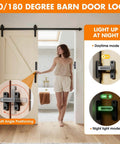 Adjustable Barn Door Latch For Self Aligning Sliding Doors With Height Tuning From 0 To 7 Millimeters Locks At Ninety Or One Hundred Eighty Degrees Zinc Alloy Construction In Black And Luminous Finish For Barns Sheds And Garden Fence Doors, shown with day and night mode in use on sliding barn door.