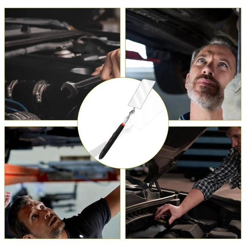 Telescoping Rectangular Inspection Mirror With 360 Degree Rotation For Mechanics, Extendable Long Reach Tool in use.