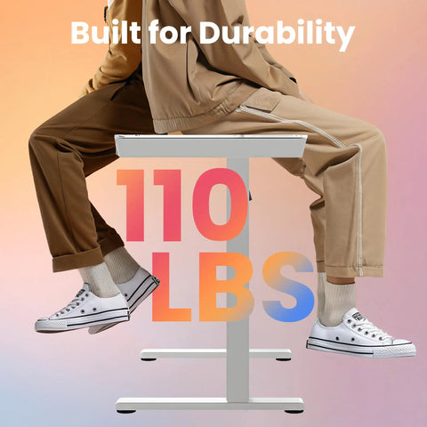 Glass Standing Desk With Drawers, 35 By 20 Inch Electric Adjustable Height, supporting 110 lbs, white base, white glass surface.