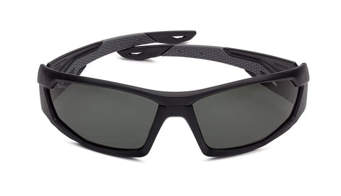 Shop Ready Wrap Around Safety Glasses Featuring Anti Scratch Lens Coating And Polarized Grey Tint For All Day Grind Universal Fit Grey Black Frame Cushioned Temples Secure Fit Bridge, front view