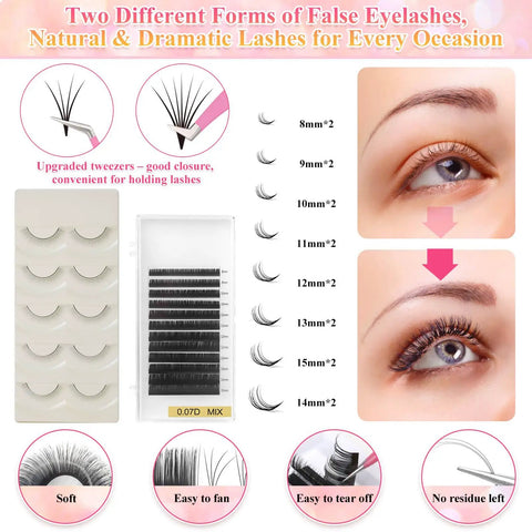 All In One Beginner Lash Extension Practice Kit With Mannequin Head Starter Lash Set Including 0.07D Lashes Glue USB Fan Nano Mister Shampoo Tweezers Under Eye Pads Cleaning Tools And More For At Home Lash Training, featuring false eyelashes and application results.