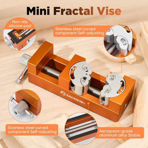 Fractal Vise Self Adjusting Drill Press Bench Vice With Adaptive Jaw Clamping For Flat Round And Irregular Parts Durable Orange Finish Keeps Small Parts Locked In While You Work, orange mini vise with stainless steel jaws