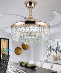 36 Inch Fandelier Ceiling Fan With Light Gold Dope Retractable Crystal Chandelier Style Reversible Blades in dining room