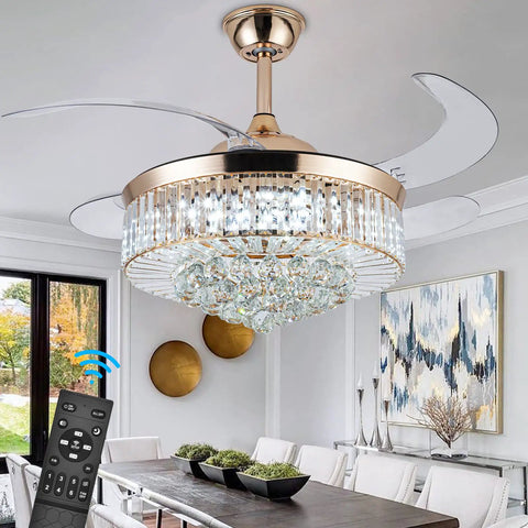 36 Inch Fandelier Ceiling Fan With Light Gold Dope Retractable Crystal Chandelier Style Reversible Blades in dining room