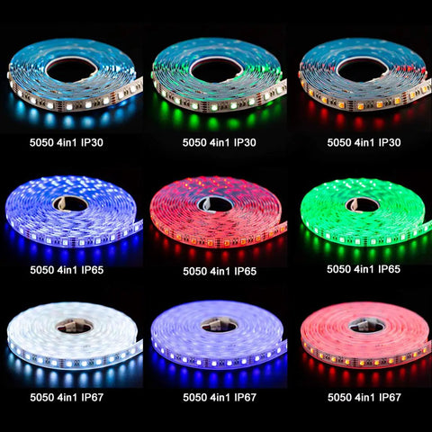 Nine rolls of various IP rated 4 In 1 RGBW LED Tape Light 12V 5m 16.4ft 60 LEDs Per Meter With Warm White 2700K