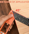 Top Shelf 16 Inch Woodworking Square Ruler Featuring Dead On Sixteenth Inch Markings And Retractable Edge Support For Flawless Right Angle Layouts No Stress Carpentry Projects Boss Grade Tool measuring a 45-degree angle on wood.