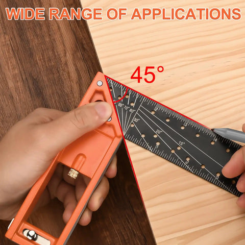Top Shelf 16 Inch Woodworking Square Ruler Featuring Dead On Sixteenth Inch Markings And Retractable Edge Support For Flawless Right Angle Layouts No Stress Carpentry Projects Boss Grade Tool measuring a 45-degree angle on wood.