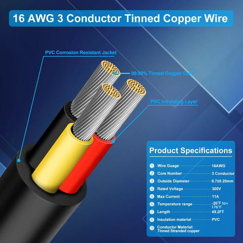 Diagram illustrating the 16 Gauge 3 Conductor Electrical Wire 49.2 Feet Long Ultra Flexible Low Voltage Cable with specifications.