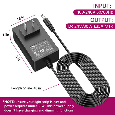 24V LED Power Supply 30W Non Dimmable UL Listed AC to DC Converter with cord for LED Strip Lights