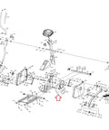 Exploded view of an elliptical trainer flywheel brake assembly with magnet eddy-current brake and internal cable mechanism.