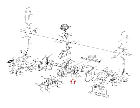 Exploded view of an elliptical trainer flywheel brake assembly with magnet eddy-current brake and internal cable mechanism.
