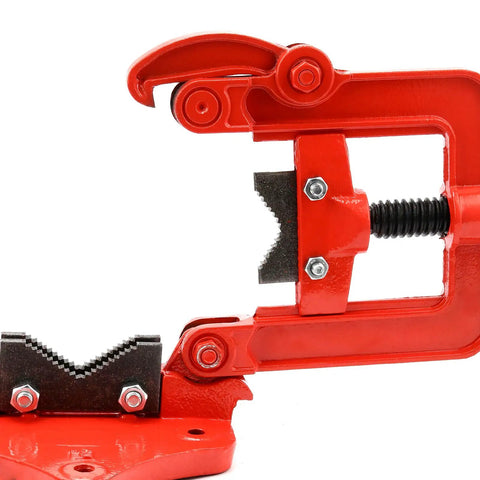 Close-up of Heavy Duty Pipe Vise With Beefy Forged Steel Yoke for Plumbing Tasks, showing rust-resistant red finish and adjustable jaw.