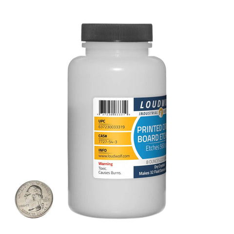 Close-up of white etchant bottle, part of Etchant Kit, One Pound Total, Two Bottles Of Eight Ounces Each, with a coin for scale.
