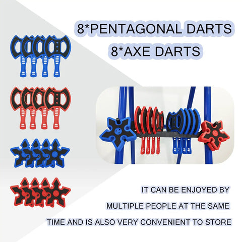 Axe Throwing Game For Backyard Set With Target Board, Eight Throwing Axes And Eight Stars displayed on white background.