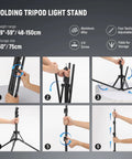 Assembly steps for folding tripod light stand from 18 Inch Ring Light Kit With 55W 5600K Pro LED Stand Phone Holder Soft Tube And Carry Bag.
