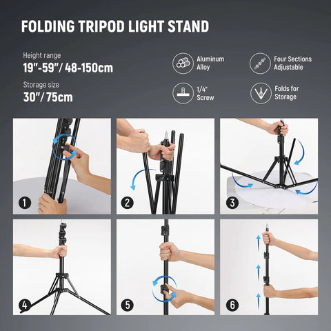 Assembly steps for folding tripod light stand from 18 Inch Ring Light Kit With 55W 5600K Pro LED Stand Phone Holder Soft Tube And Carry Bag.