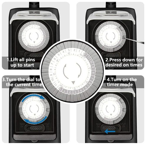 Image showing instructions for Set It And Forget It 24 Hour Mechanical Timer Outlet For Outdoor Lights setup and usage.