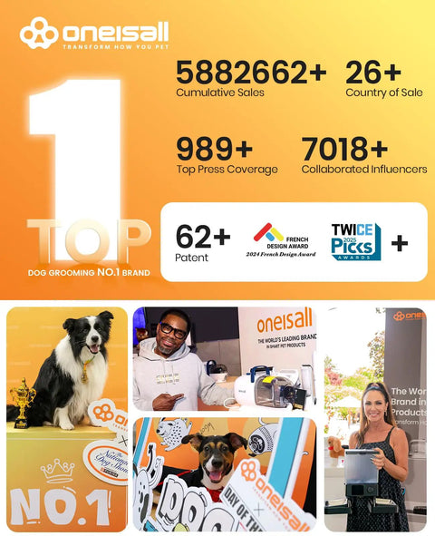 Promotional image showcasing Oneisall brand achievements in dog grooming with sales, press coverage, and awards.
