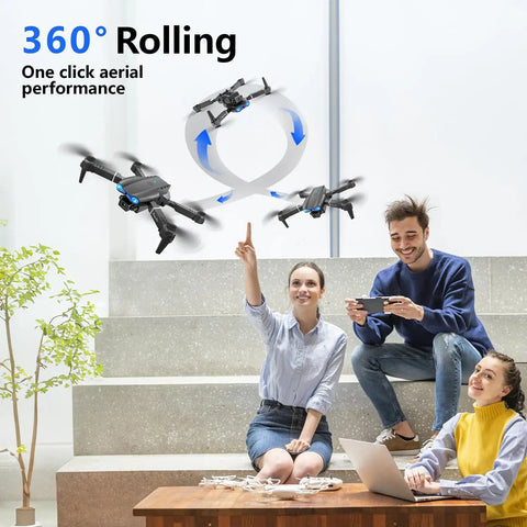 Foldable Camera Drone With Remote For Beginners, Easy Start RC Quadcopter showing 360° rolling feature indoors with three people watching.