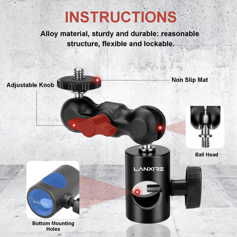 Lanxire 1/4-inch screw mount adapter with dual joint tilt and double ball head, black aluminum, 2-pack.