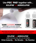 PEC-PAD lint-free wipes; two Eclipse cleaning-fluid bottles for optics visible on the right; wipe being applied
