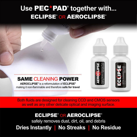 PEC-PAD lint-free wipes; two Eclipse cleaning-fluid bottles for optics visible on the right; wipe being applied