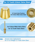 Polished Gold Shower Knob Set Two Piece Replacement For Verve Faucet Handles With 12 Tooth Valve Stem details and dimensions.